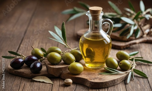 Rustic Elegance: Olive Oil and Branch on Vintage Wooden Table