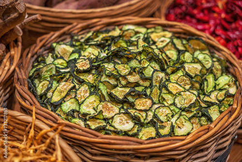 Dried Zucchini Chips in a Rustic Woven Basket