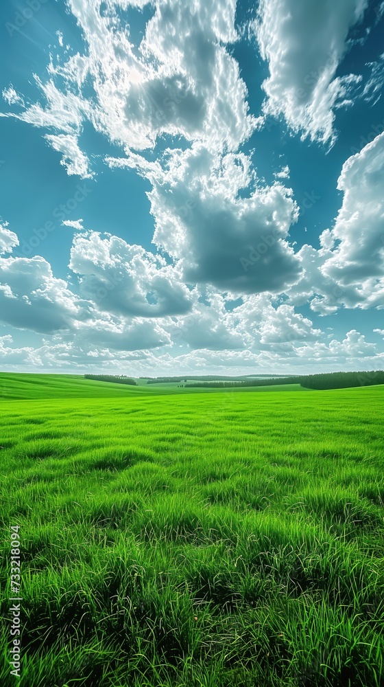 Summer Landscape with Green Fields, Blue Sky, and Fluffy Clouds over a Rural Meadow.