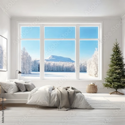 Mock up of empty room in white color with winter landscape in window. Scandinavian interior design. 3D illustration © HENDRI