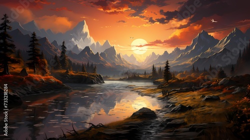 A tranquil lake reflecting the golden hues of a setting sun, surrounded by tall mountains