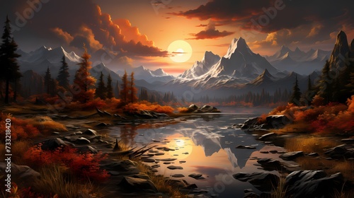 A tranquil lake reflecting the golden hues of a setting sun, surrounded by tall mountains photo