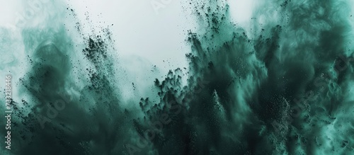 Abstract green powder splatted with dust explosion texture on white background.Generated AI image