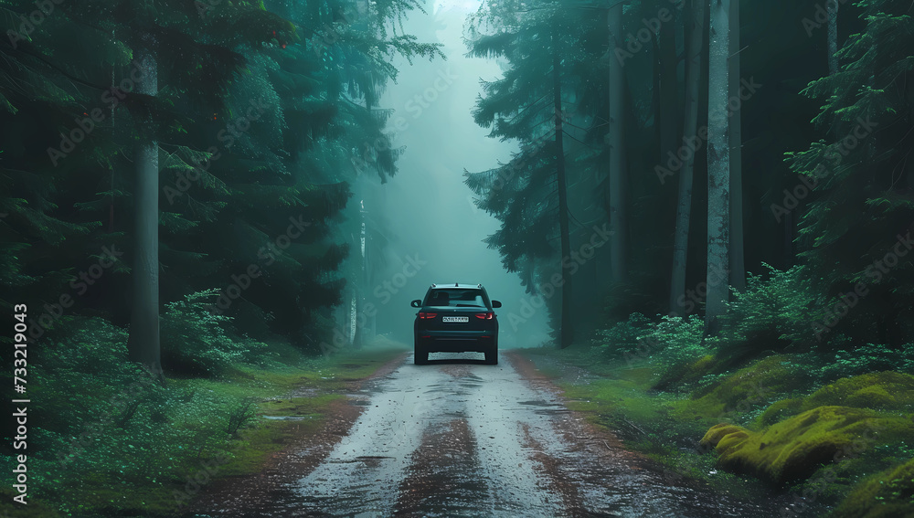 a car drive through a forest road