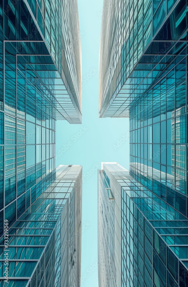A symmetrical view from below of two office buildings facing each other, glass office buildings, glass-filled buildings, blue sky, modern minimalist buildings. Created with Generative AI.