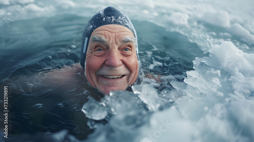 an elderly man bathes in an ice hole in winter © Olga