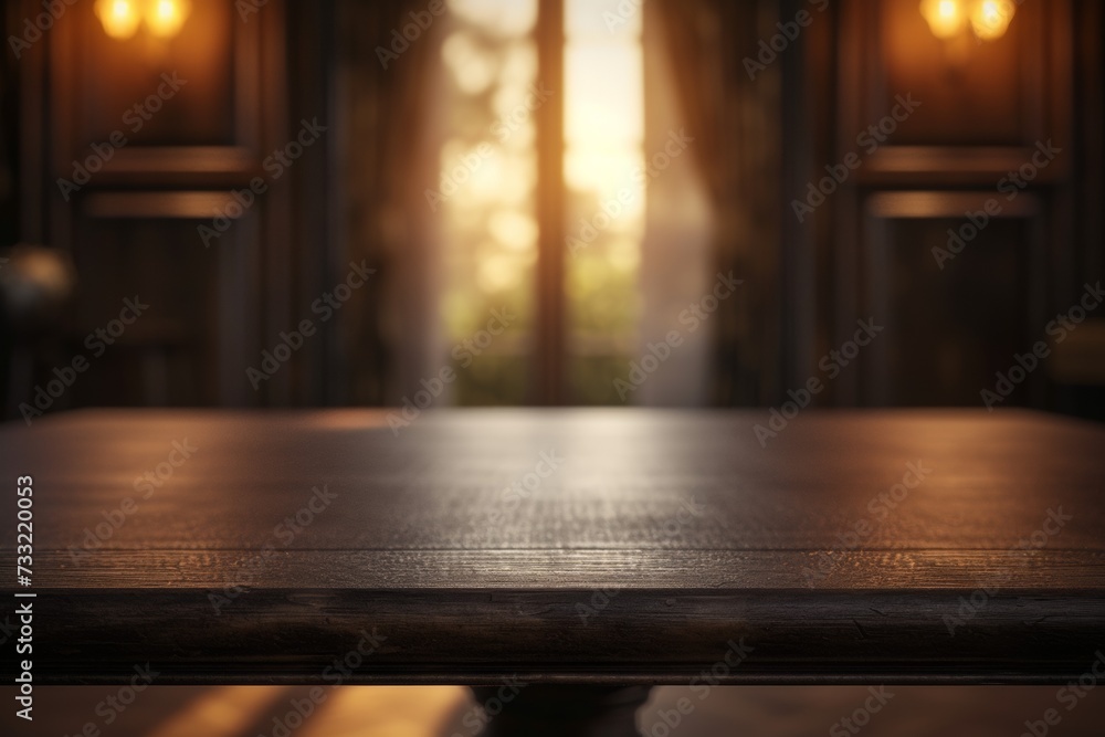 Oak wood table on blurred background of modern grey living room Oak wood table on blurred background of modern grey living room