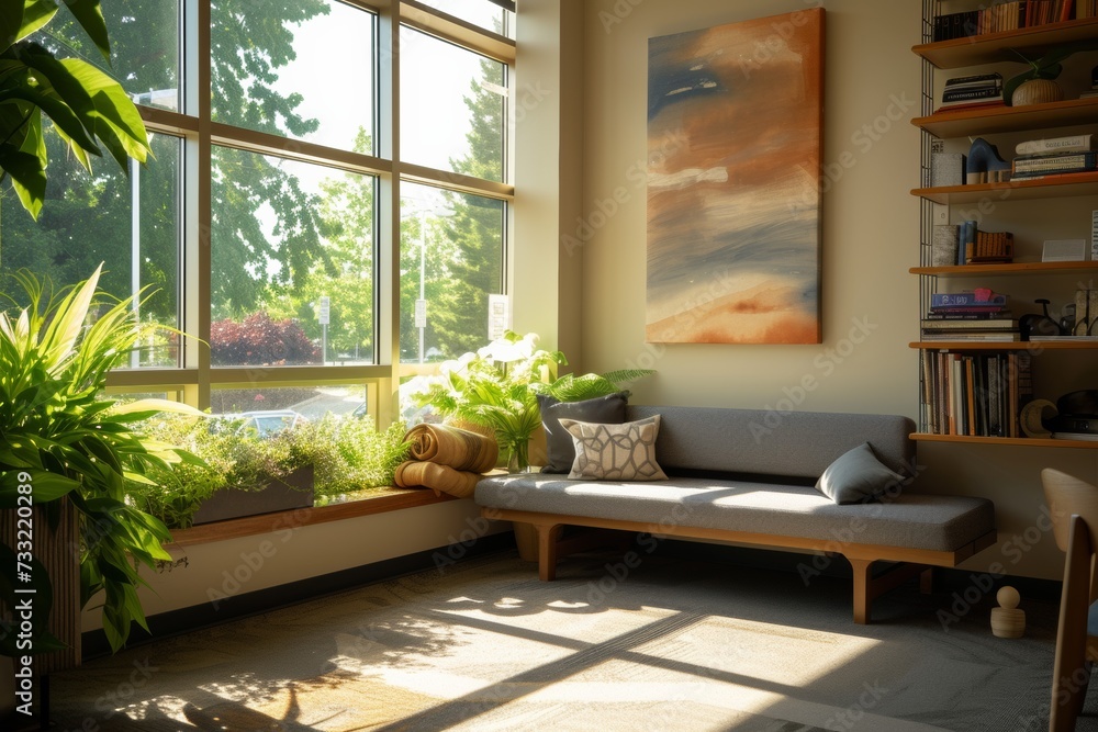 Interior design of a modern minimal and cozy reading room or bookstore Interior design of a modern minimal and cozy reading room or bookstore