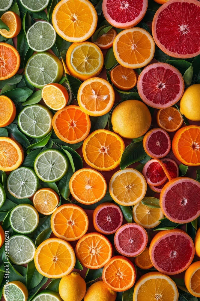 Orange, lemon, grapefruit; lime citrus slices on green background Orange, lemon, grapefruit; lime citrus slices on green background