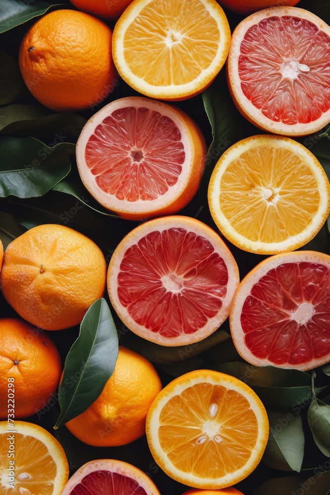 Orange, lime; lemon, grapefruit citrus slices on green leaves background; top view Orange, lime; lemon, grapefruit citrus slices on green leaves background; top view