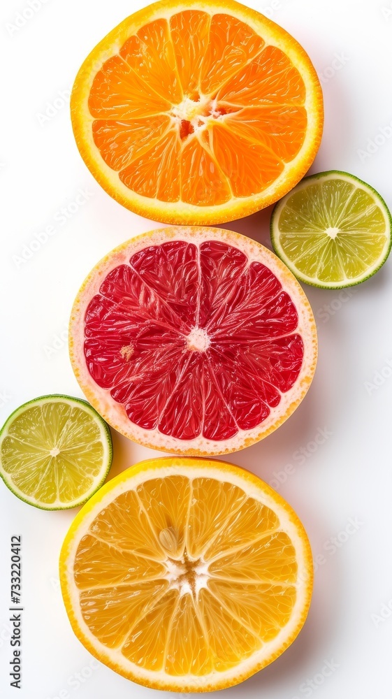 Orange, lemon, grapefruit citrus slices on white background