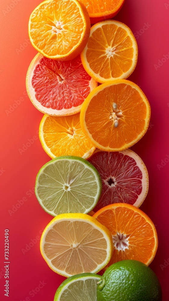 Obraz premium Orange, lemon, lime; grapefruit citrus slices on pink background; top view