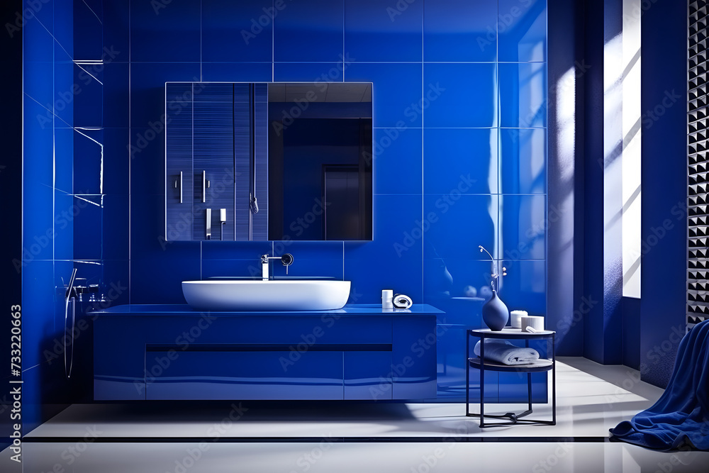 large, modern bathroom in cobalt color - obrazy, fototapety, plakaty 
