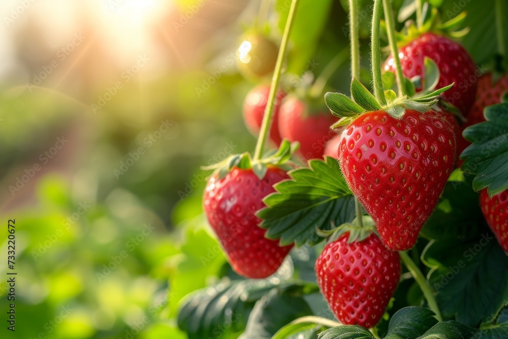 Red ripe strawberries in sunlight, ready for harvest , copy space Red ripe strawberries in sunlight, ready for harvest , copy space