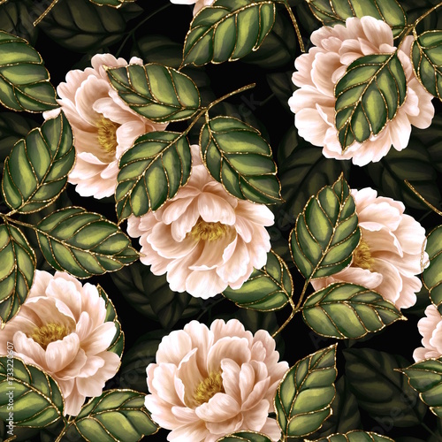 Seamless pattern with decorative white rose flowers and leaves. Dark floral b...