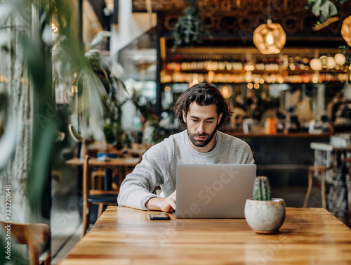 Entrepreneur man working on laptop in a modern cafe shop, remote worker / digital nomad © Deea Journey 