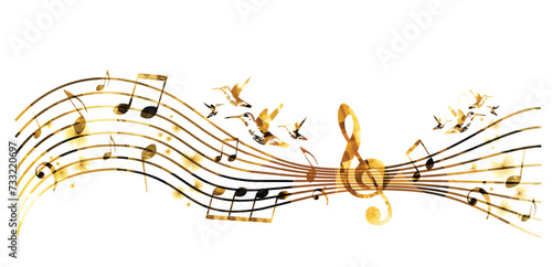 Colorful stave with music notes and hummingbirds isolated vector illustration. Music background for poster, brochure, banner, flyer, concert, music festival	