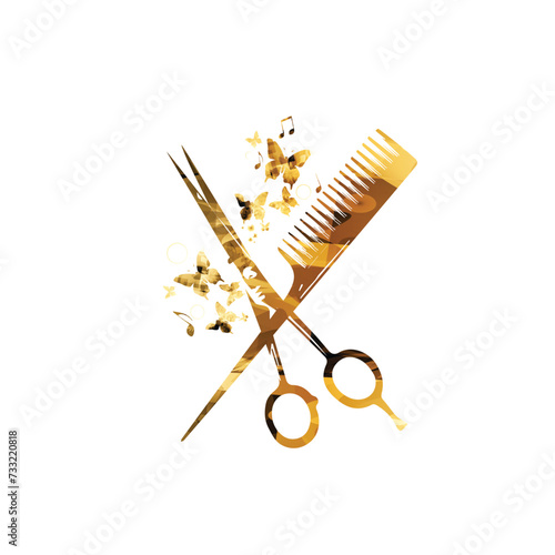 Gold comb and scissors design with butterflies
