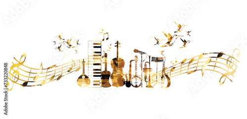 Goldenl music instruments background with hummingbirds. 	