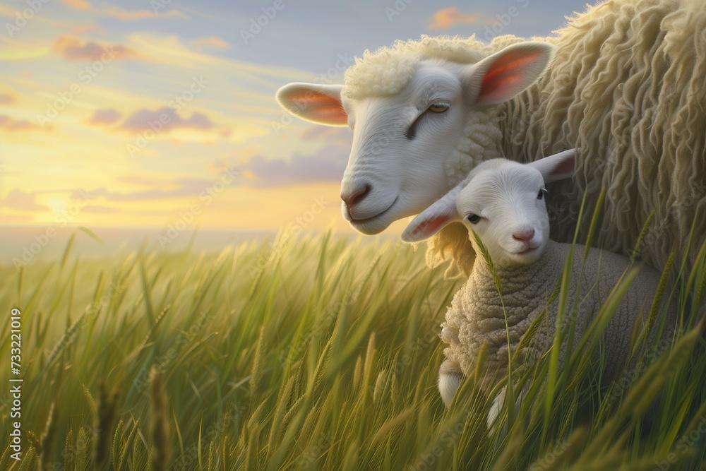 newborn lamb nuzzling its mother in a field of tall green grass under a pastel sunrise newborn lamb nuzzling its mother in a field of tall green grass under a pastel sunrise