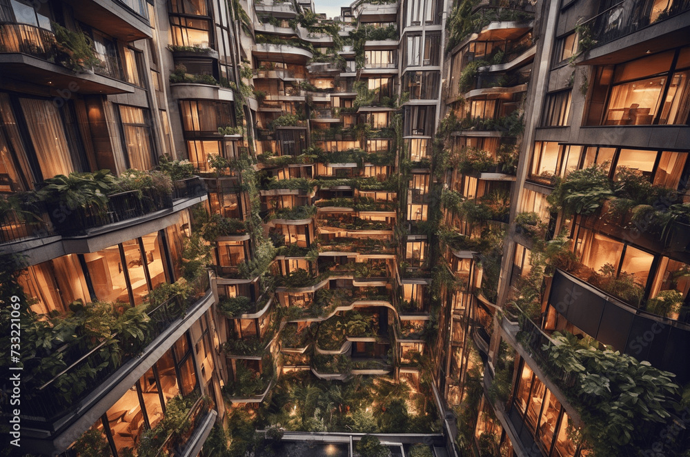 Vertical landscaping of residential quarters of high-rise buildings. A lot of greenery grows on multi-storey buildings. Eco-friendly and clean air concept