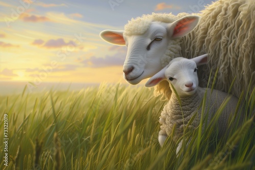 newborn lamb nuzzling its mother in a field of tall green grass under a pastel sunrise © World of AI