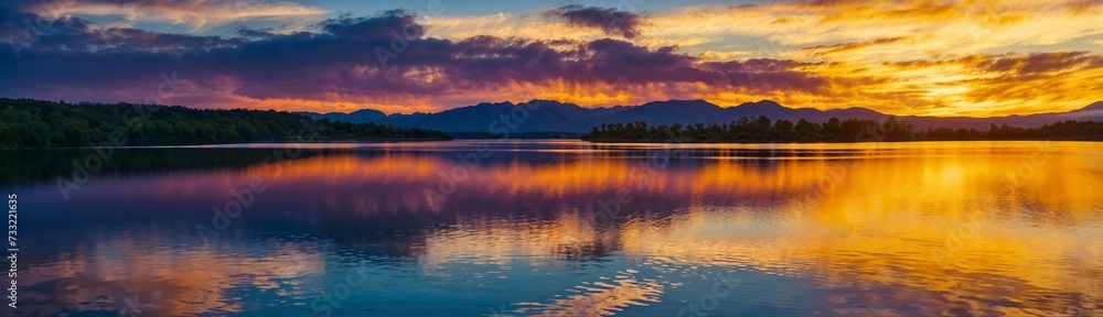 Mountain range silhouetted against orange and blue sky reflected in the lake, tranquil dusk ambiance, website header, copy space. Generative AI