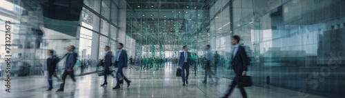 Long exposure image of fast-moving people silhouettes in bright office lobby, abstract blur, cold color palette, representing corporate activity, website header, copy space. Generative AI	

