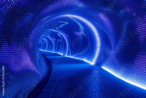 An abstract tunnel with a bright blue light shining through it.