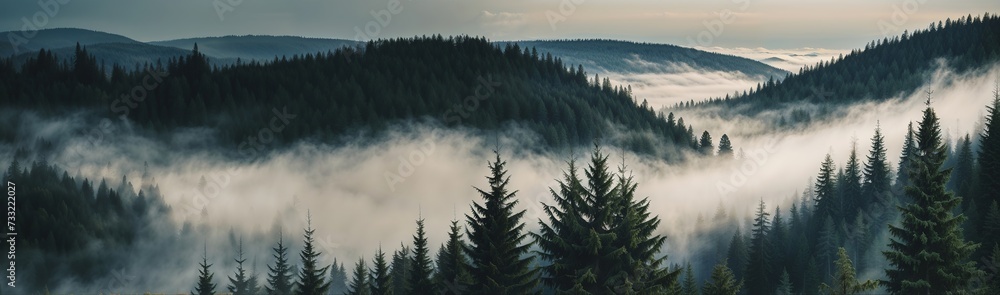 Mist-covered forest with tall trees and mountainous backdrop. Wilderness landscape, foggy woodland, outdoor nature scene for website header with copy space. Generative AI