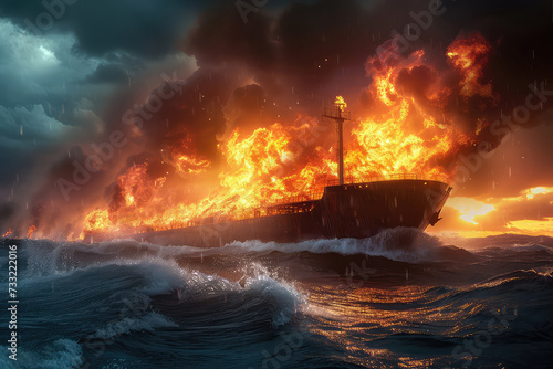 Old boat on fire with high flames photo