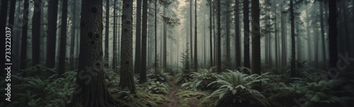 Foggy forest with tall trees and lush ferns on the ground. Dense woodland landscape  misty atmosphere  nature background for website header with copy space. Generative AI