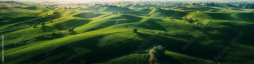 Aerial view of green fields, rolling hills, and rural environment, pure nature, pristine nature scenery, untouched wilderness, website header, copy space. Generative AI