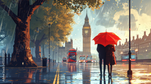 3d illustration, street view of london. Artwork. Big ben. man and woman under a red umbrella, bus and road. Tree. England