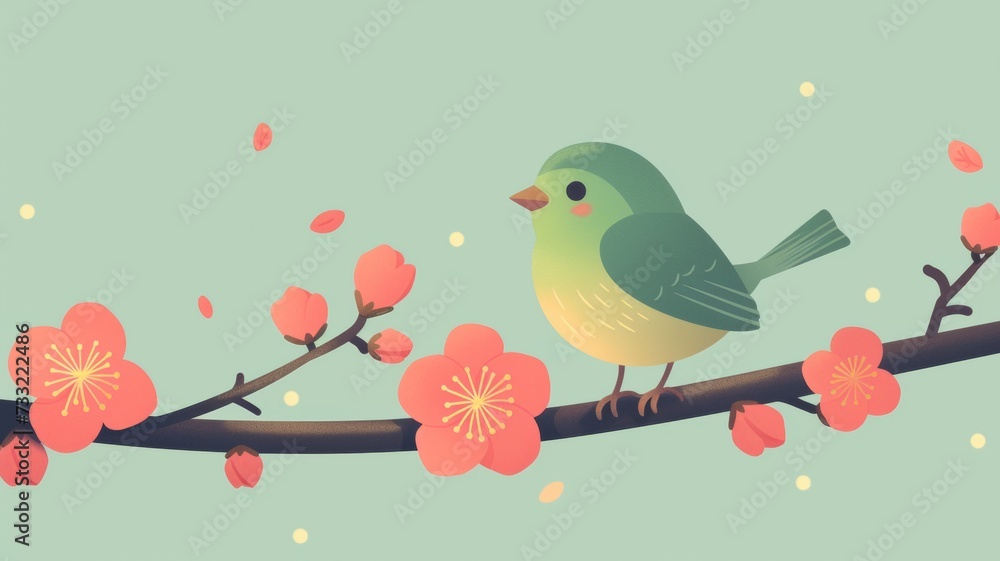 Uguisu bird animal cartoon character, Beautiful bright green bird on branch with flowers.
