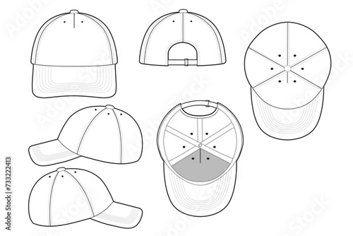 Five Panel Baseball Hat Technical Drawing Illustration Blank Streetwear Mock-up Template for Design and Tech Packs CAD Strap Mesh