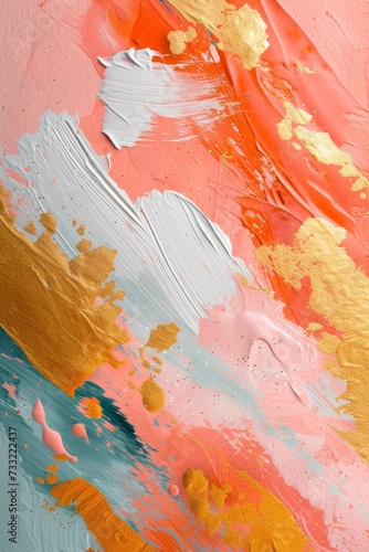 A detailed close-up intricate brushstrokes and shimmering gold paint on a painting.