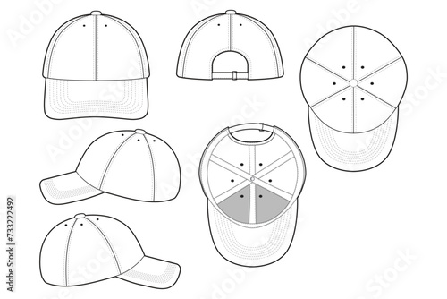 6 Panel Baseball Hat Technical Drawing Illustration Blank Streetwear Mock-up Template for Design and Tech Packs CAD Dad Hat