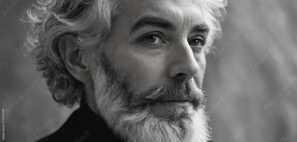 a black and white photo of a man with a white beard and long white hair ...
