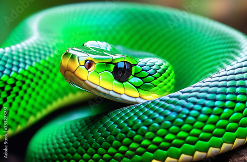 A bright green venomous snake curled up in a ring. Symbol of the Year 2025, Year of the Snake