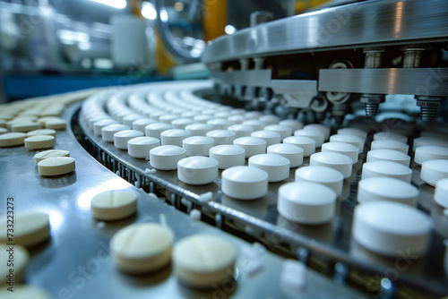 Sorting pharmaceutical capsules by a sorting machine on a production line photo