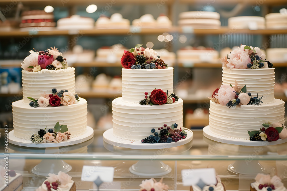Options for wedding cakes in a pastry shop, showcase
