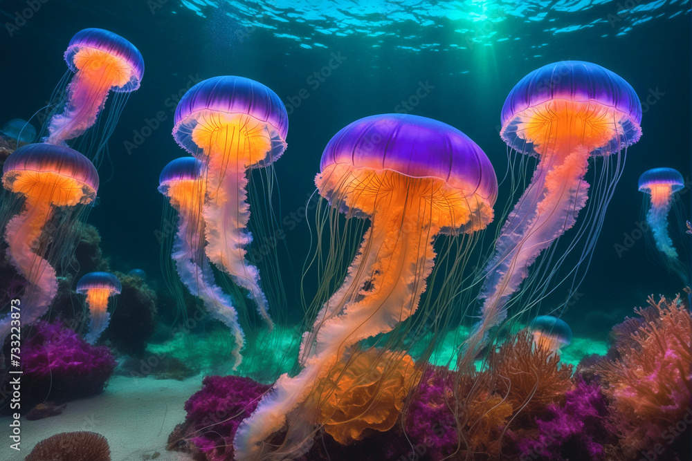 Colorful bright jellyfish swim in the depths of the sea. Huge venomous purple jellyfish with long tentacles swim in the ocean or sea Colorful bright jellyfish swim in the depths of the sea. Huge venomous purple jellyfish with long tentacles swim in the ocean or sea