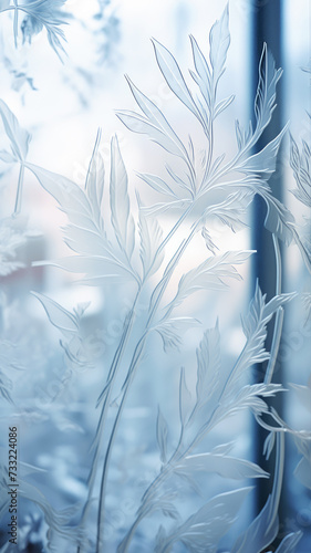 Ice pattern on the frozen window. Frosty beautiful natural winter background