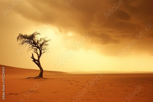 A single tree emerges in the expansive Sahara during a fierce sandstorm. Generative AI