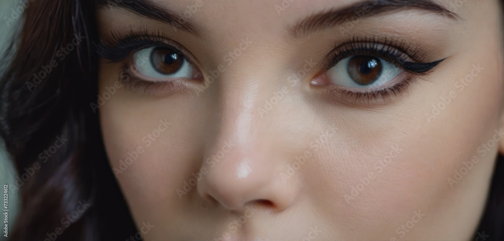 Fototapeta premium a close up of a woman's face with eyeliners on her face and long lashes on her face.