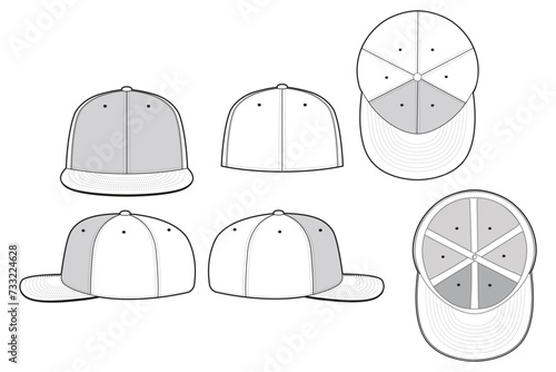 Fitted Cap Hat Vector Technical Drawing Illustration Blank Streetwear Mock-up Template for Design and Tech Packs CAD Brim Baseball Hat