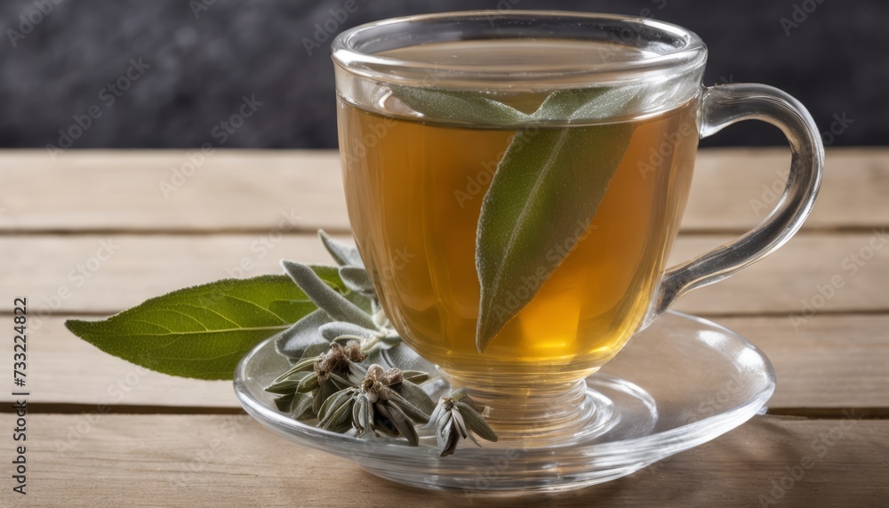 A glass of tea with a green leaf on top A glass of tea with a green leaf on top