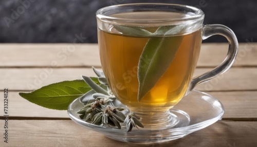 A glass of tea with a green leaf on top