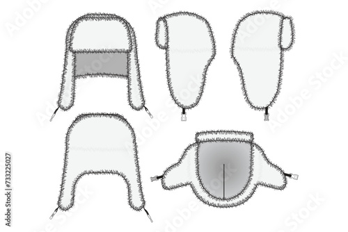 Fur Lined Ushanka Trapper Winter Hat Cap Flat Illustration Cad Accessory Winter Streetwear Mockup Blank Vector Faux Fur Strap Cold